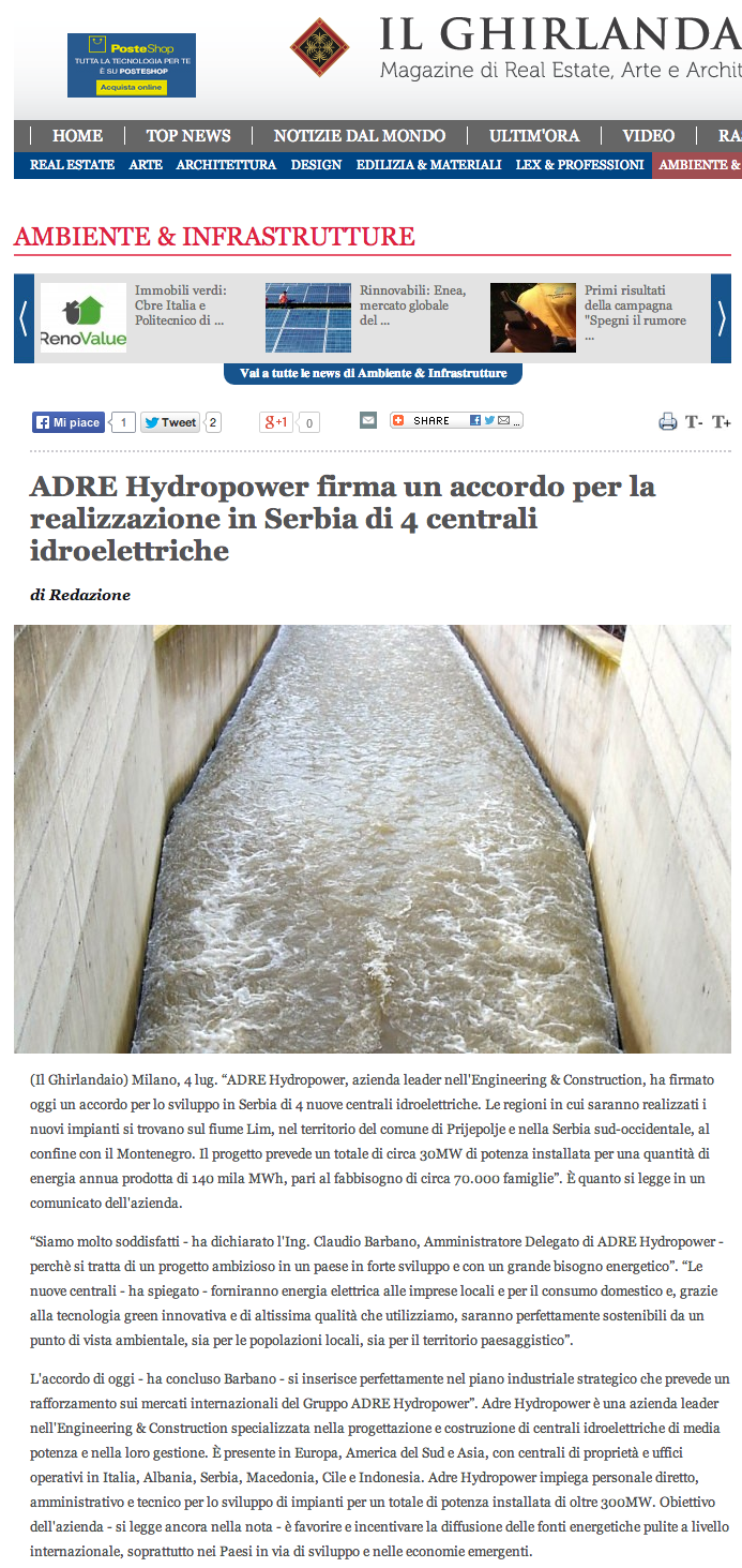 ADRE Hydropower firma un accordo per la realizzazione in Serbia di 4 centrali idroelettriche   Ambiente   Infrastrutture   Il Ghirlandaio