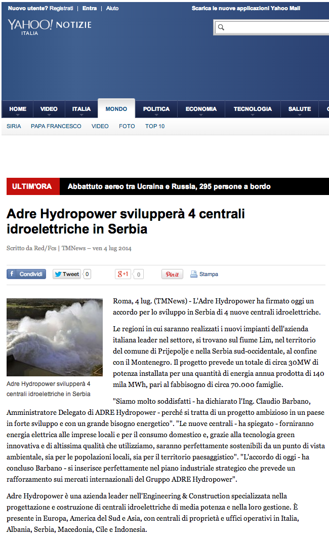 Adre Hydropower svilupperà 4 centrali idroelettriche in Serbia - Yahoo Notizie Italia