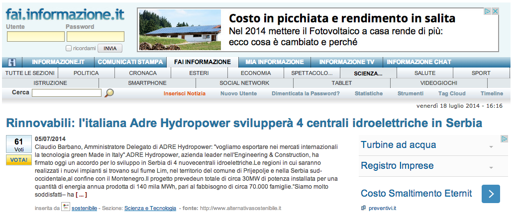 Fai info - Rinnovabili  l'italiana Adre Hydropower svilupperà 4 centrali idroelettriche in Serbia  slb