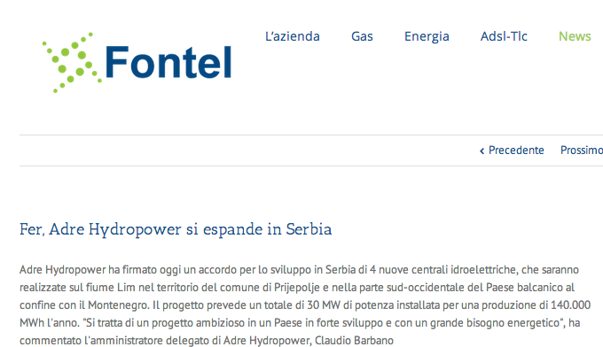 Fontel – Energia Pulita – Fer, Adre Hydropower si espande in Serbia