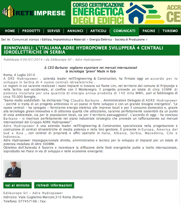 RINNOVABILI  L’ITALIANA ADRE HYDROPOWER SVILUPPERÀ 4 CENTRALI IDROELETTRICHE IN SERBIA