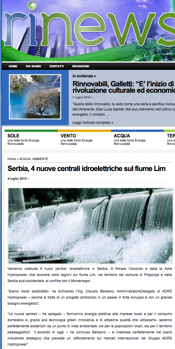Serbia, 4 nuove centrali idroelettriche sul fiume Lim  redazione Rinews.it   Energia   Rinnovabile   Ambiente