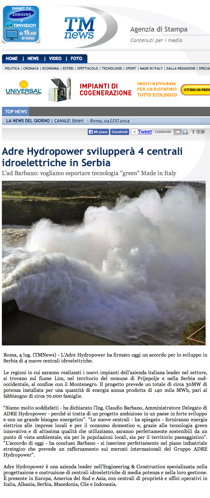 Adre Hydropower svilupperà 4 centrali idroelettriche in Serbia