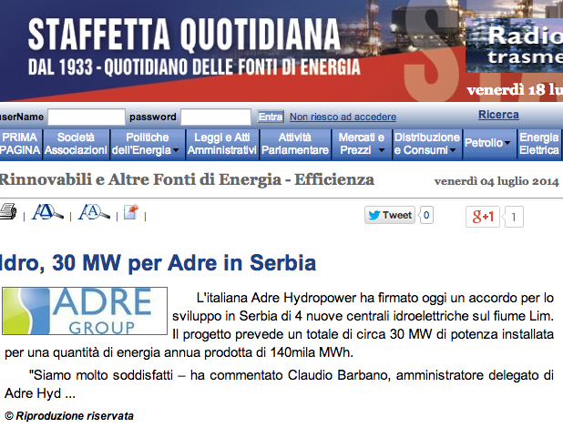 Idro, 30 MW per Adre in Serbia   Staffetta Quotidiana