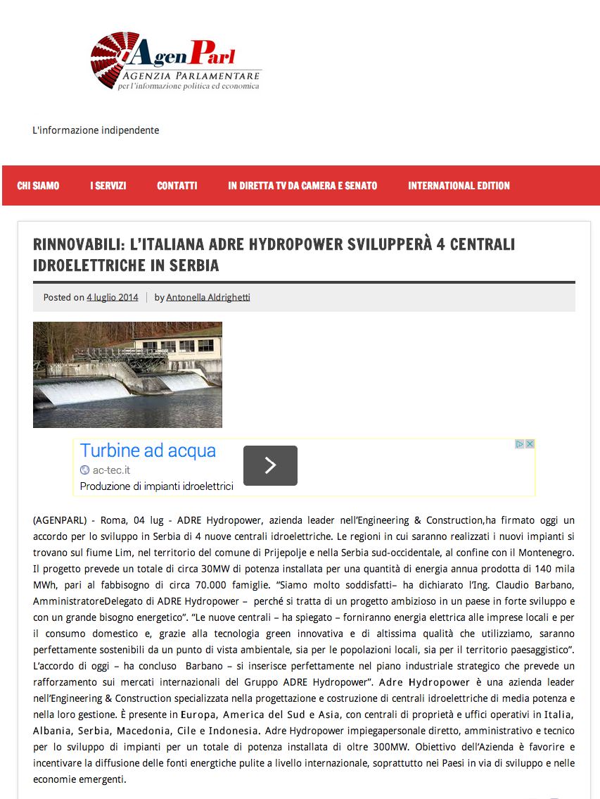 RINNOVABILI  L’ITALIANA ADRE HYDROPOWER SVILUPPERÀ 4 CENTRALI IDROELETTRICHE IN SERBIA   AGENPARL AGENPARL (1)