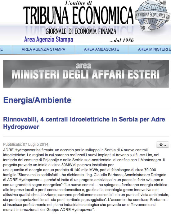 Rinnovabili, 4 centrali idroelettriche in Serbia per Adre Hydropower
