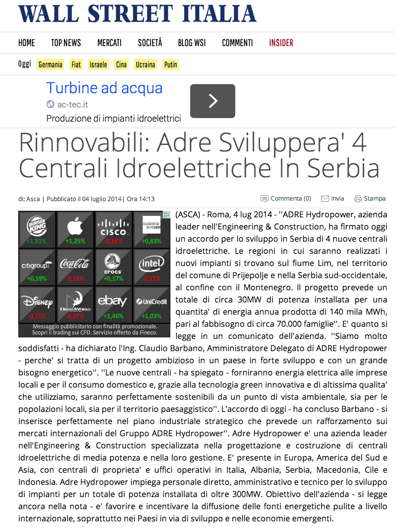 Rinnovabili  Adre Sviluppera' 4 Centrali Idroelettriche In Serbia