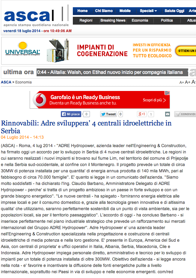 Rinnovabili  Adre sviluppera' 4 centrali idroelettriche in Serbia - ASCA.it