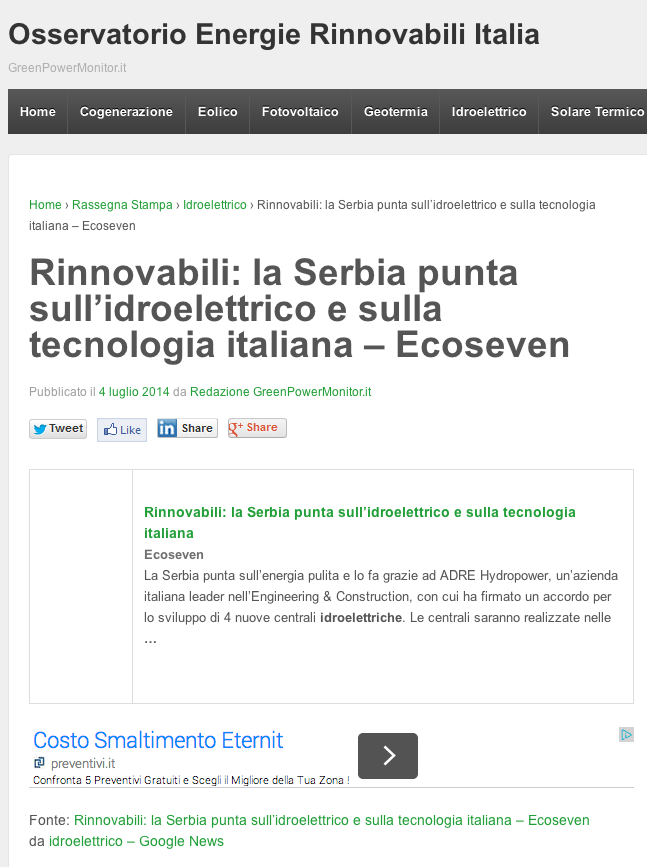 Rinnovabili  la Serbia punta sull'idroelettrico e sulla tecnologia italiana - Ecoseven