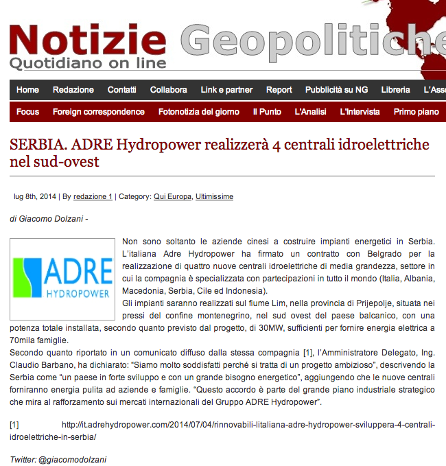 SERBIA. ADRE Hydropower realizzerà 4 centrali idroelettriche nel sud-ovest - Geopolitica